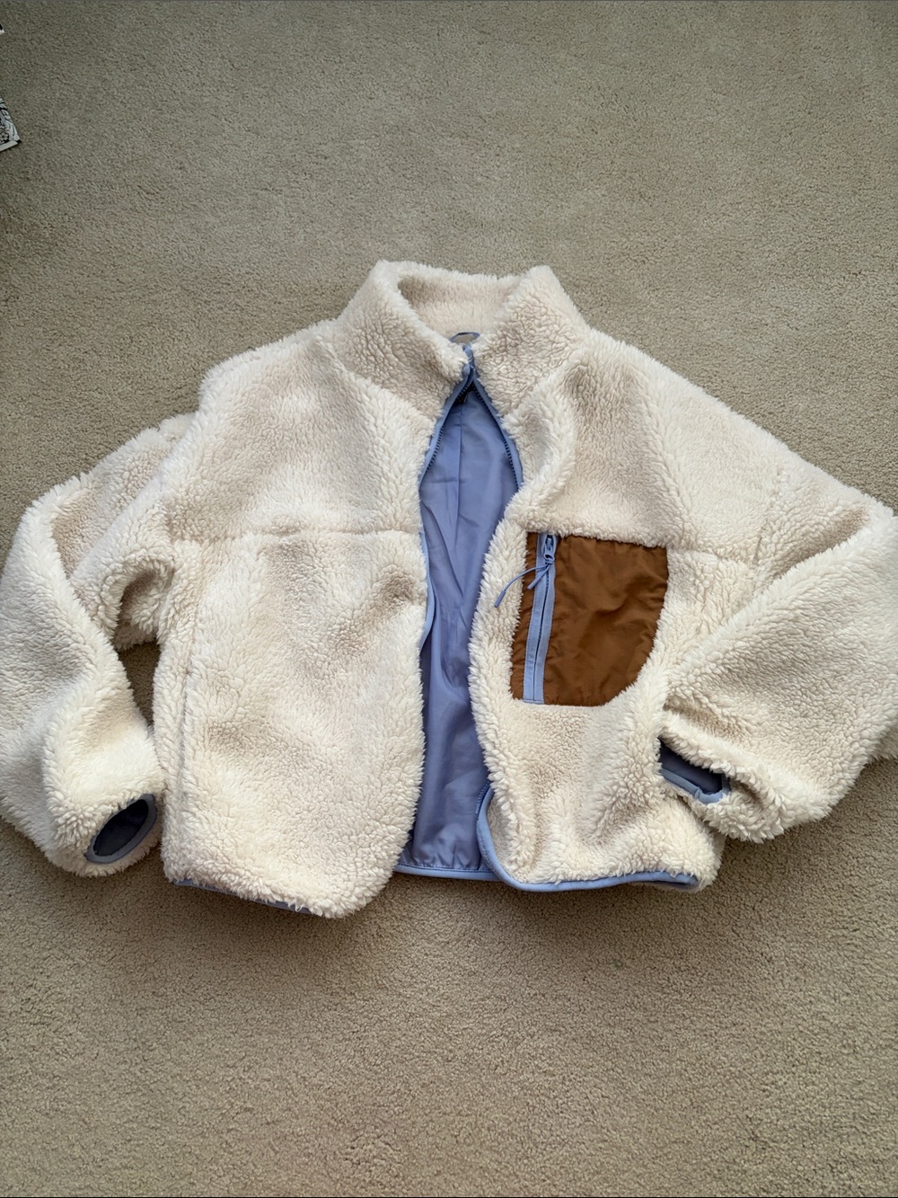 CoffeeShop Cream Sherpa jacket with Tan Pocket & Light Blue Trim in large